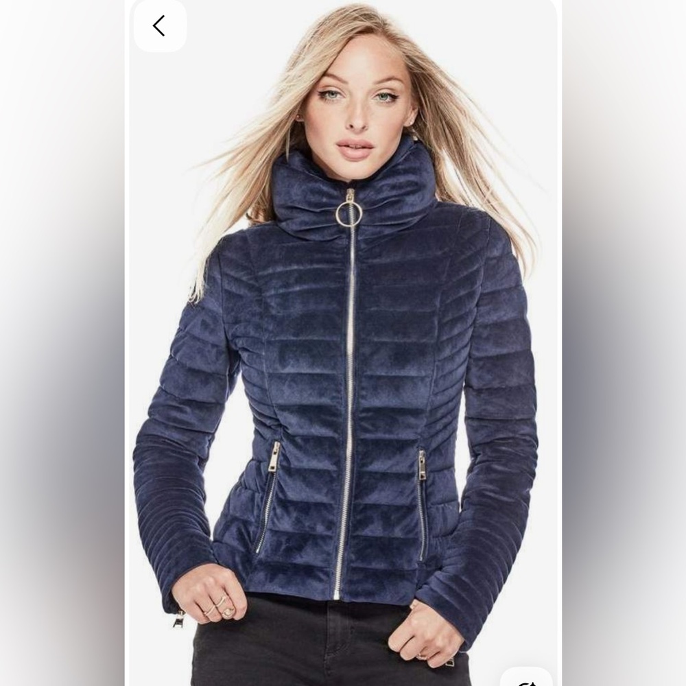 GUESS
Teoma Velvet Puffer Jacket with Gold Zippers beautiful, Navy Blue size M